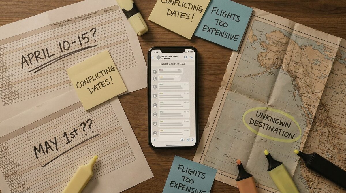 A table covered in scattered trip notes, spreadsheets and an overflowing group chat
