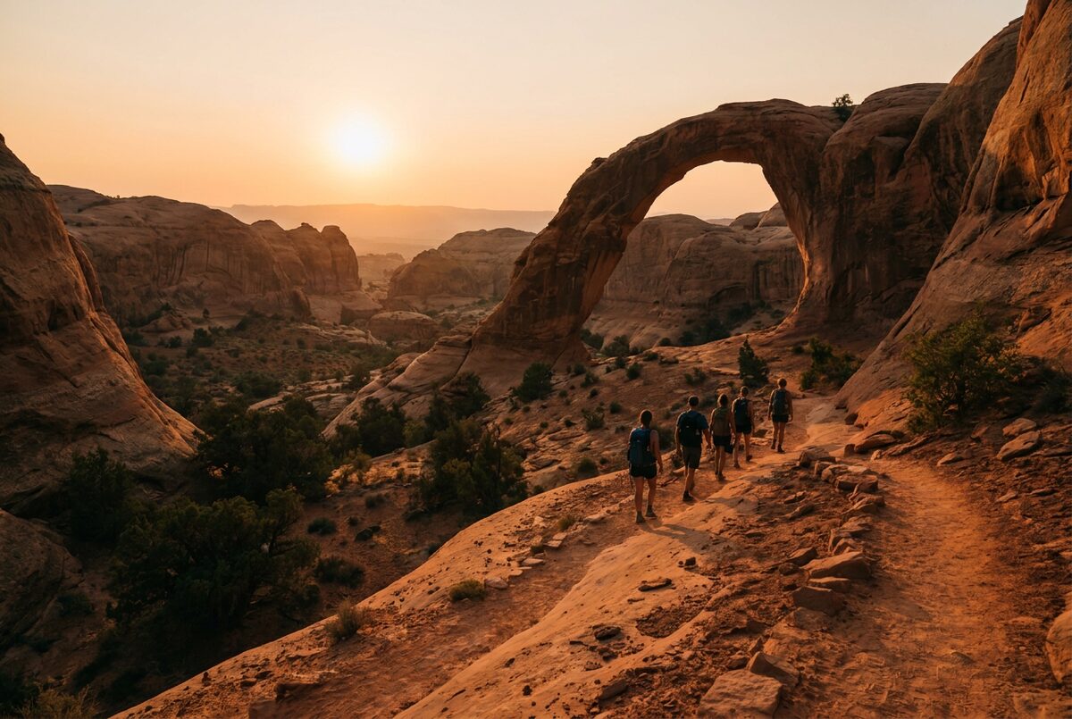 Hikers on a red rock trail